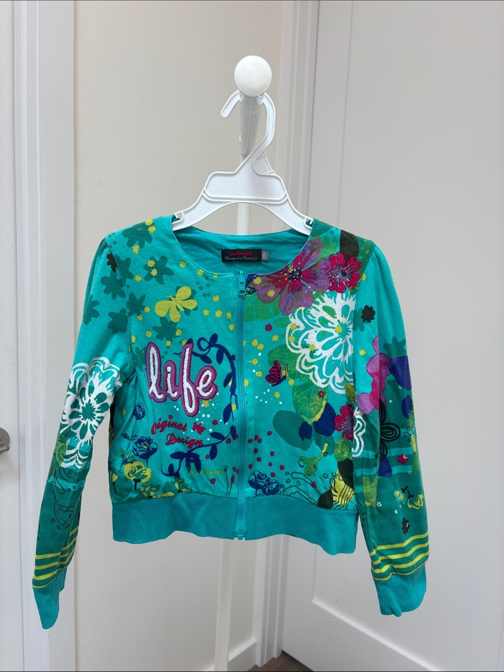 Catimini Girls size 6 Teal Floral Zip cropped Hoodie with Multicolor Accents